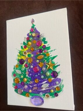 Purple & Gold Jeweled Christmas Tree – 5x7 Original Art
